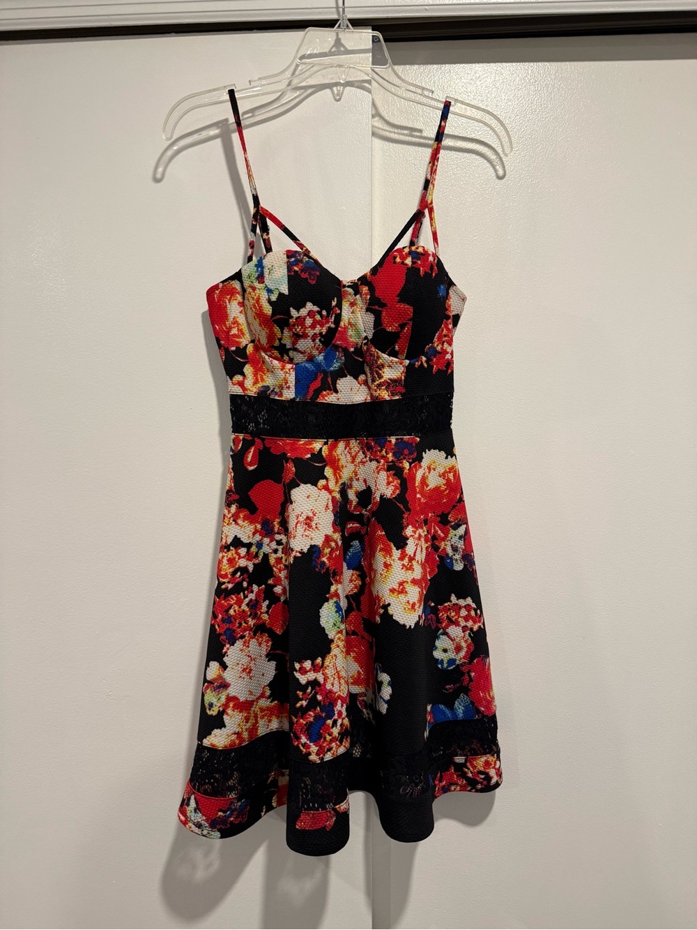 Material Girl Black Floral Bustier Mini Dress with Red Accents size Medium